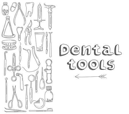 Dental tools and instruments set in doodle style.Line art banner.Orthodontic prosthetics and filling,drill bit,treatment of diseases of oral cavity and caries.Medical equipment for bite correctionのイラスト素材