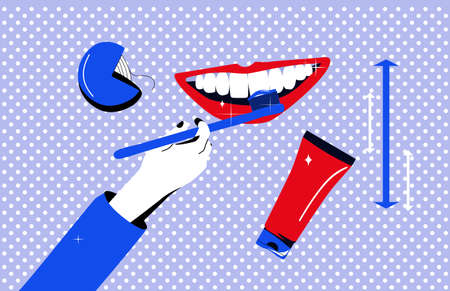 Dentistry service poster in Pop Art style.Oral cavity care.Brushing and cleaning teeth with special instruments.Right way instruction.Dental floss.Hand drawn illustration.Examination and treatment.のイラスト素材