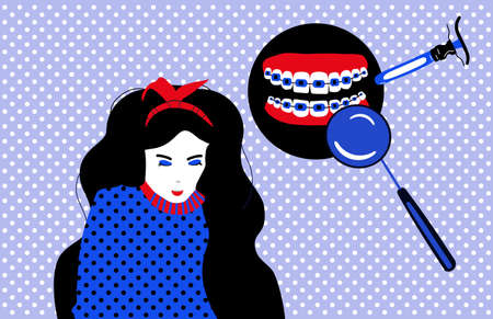 Dentistry service poster in pop art style.Cute young woman with dental braces on teeth.Orthodontics...