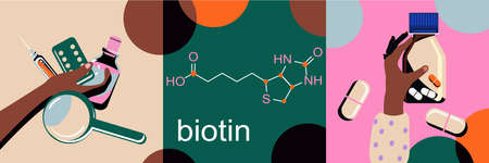 Biotin, vitamin B7 chemical formula.Vector infographic illustration with icons.Nutrition for hair...