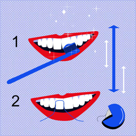 How brushing your teeth correctly instruction.Dental floss for cleaning.Oral cavity daily life hygiene procedures and care. Orthodontic clinic poster in pop art style. Beautiful white smile.のイラスト素材