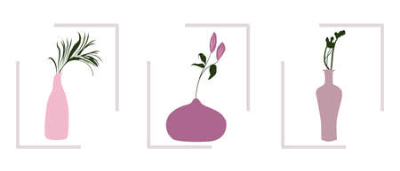 Emblem with abstract vases with palm leaves and dried flowers in frame.Pastel colored hand drawn illustration. Decorative floral design elements.Jugs and vessels in trendy style. Ikebanaのイラスト素材