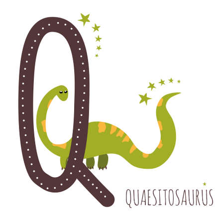 Quaesitosaurus.Letter Q with reptile name.Hand drawn cute herbivores dinosaur.Educational prehistoric illustration.Dino alphabet.Sketch Jurassic animal.Childish funny comic font.Enjoy learningのイラスト素材