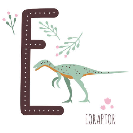 Eoraptor.Letter E with reptile name.Hand drawn cute predator dinosaur.Educational prehistoric illustration.Dino alphabet.Sketch Jurassic,Mesozoic animal.Childish funny comic font.Enjoy learningのイラスト素材