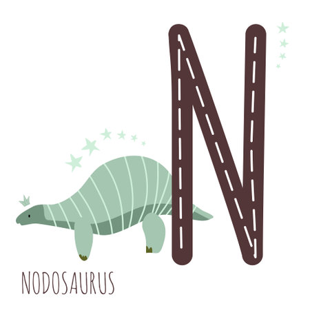 Nodosaurus.Letter N with reptile name.Hand drawn cute herbivores dinosaur.Educational prehistoric illustration.Dino alphabet.Sketch Jurassic animal with shell.Childish funny comic font.Enjoy learningのイラスト素材