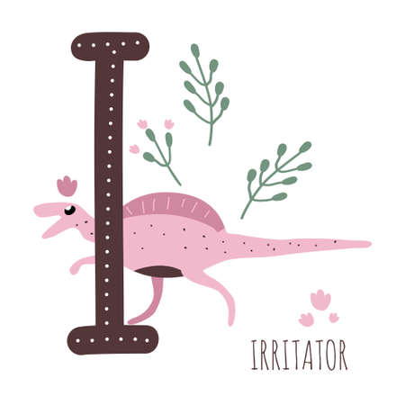 Irritator.Letter I with reptile name.Hand drawn cute predator dinosaur.Educational prehistoric illustration.Dino alphabet.Sketch Jurassic,Mesozoic animal.Childish funny comic font.Enjoy learningのイラスト素材