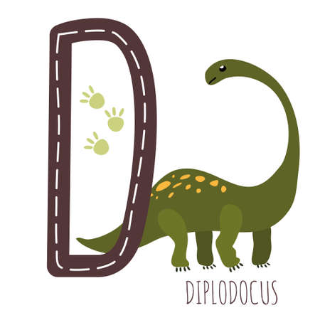 Diplodocus.Letter D with reptile name.Hand drawn cute herbivores dinosaur.Educational prehistoric illustration.Dino alphabet.Sketch Jurassic,Mesozoic animal.Childish funny comic font.Enjoy learningのイラスト素材