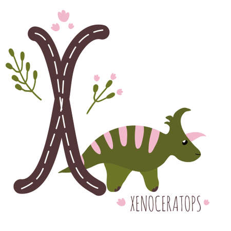 Xenoceratops.Letter X with reptile name.Hand drawn cute dinosaur.Educational prehistoric illustration.Dino alphabet.Sketch Jurassic herbivorous animal with shell.Childish comic font.Enjoy learningのイラスト素材