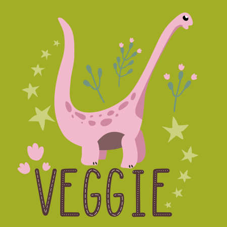Funny Dino quote.Vegan Futalognkosaurus.Hand drawn cute herbivores dinosaur.Sketch Jurassic animal.Childish comic font.Lettering and reptile.Vegetarian motivational poster.Print for t-short.Eat plantのイラスト素材