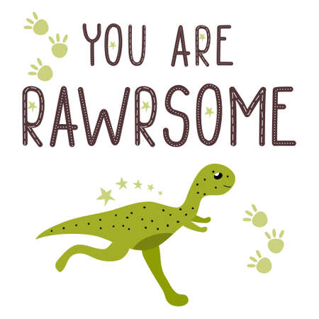 Cute in love baby Oviraptor.Motivational quote.You are awesome.Lettering and reptile.Hand drawn omnivorous dinosaur.Dino illustration.Sketch Jurassic animal.Childish funny comic font.Print for T-shirtのイラスト素材