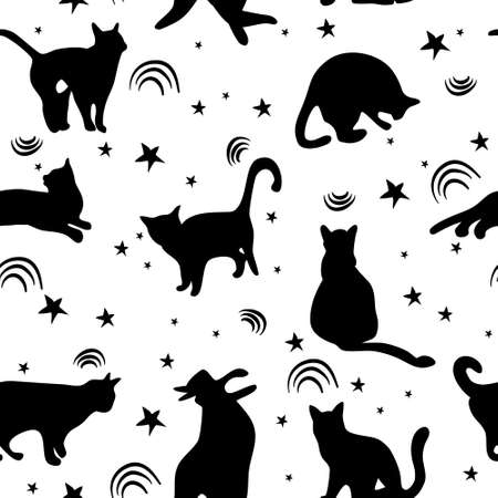 Seamless pattern with sketch cats among stars.Black kittens silhouettes.Feline in different poses.Animals sit, lay,relax.Childish monochrome print,wrapping paper.Modern drawing with domestic pet.のイラスト素材