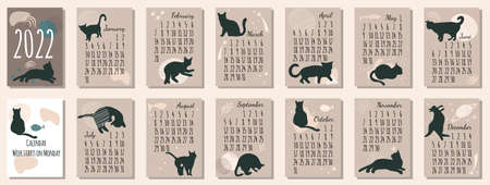 Calendar 2022 with black cat.Cute hand drawn kittens in boho style.Template in size A4 A3 A5.Vertical format. Week starts on Monday.Abstract stains and astrology.Set of 12 sketch animals.New year cardのイラスト素材