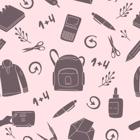 Stationery seamless pattern in doodle style.Back to school concept with different office supplies.Hand drawn backpack,sweater,pencil.Student tools and equipment for crafting and educationのイラスト素材