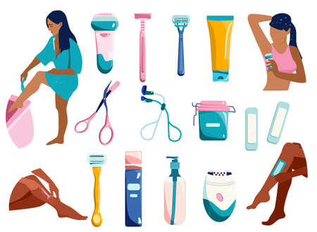 Shaving,epilation and waxing set.Eyebrow correction.Lashes curling.Hygiene equipment,razors with blade for beauty procedure.Daily routine, skin care.Vectorのイラスト素材