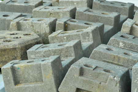 A close-up horizontal shot of numerous stacked grey concrete interlocking pavers with a weathered texture. These are ready for use in paving projects, ideal for landscaping or roadworks.の写真素材