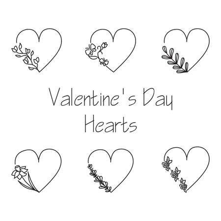 Set of six hand drawn minimalistic valentine's day hearts with flovers and leaves. Simple design elementsのイラスト素材
