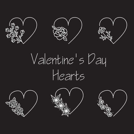 Set of six hand drawn minimalistic valentine's day hearts with flovers and leaves. Simple design elementsのイラスト素材