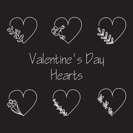 Set of six hand drawn minimalistic valentine's day hearts with flovers and leaves. Simple design elementsのイラスト素材