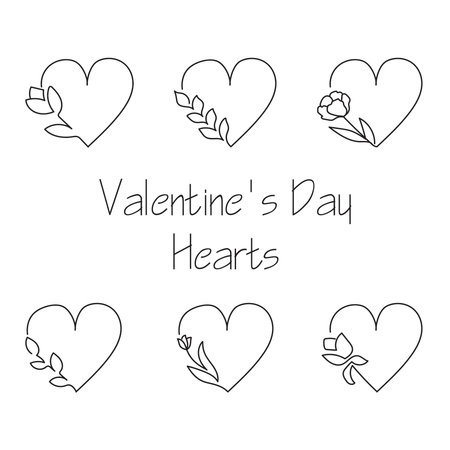 Set of six hand drawn minimalistic valentine's day hearts with flovers and leaves. Simple design elementsのイラスト素材
