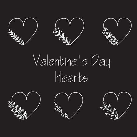 Set of six hand drawn minimalistic valentine's day hearts with flovers and leaves. Simple design elementsのイラスト素材