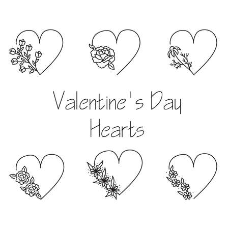 Set of six hand drawn minimalistic valentine's day hearts with flovers and leaves. Simple design elementsのイラスト素材