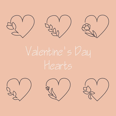 Set of six hand drawn minimalistic valentine's day hearts with flovers and leaves. Simple design elementsのイラスト素材