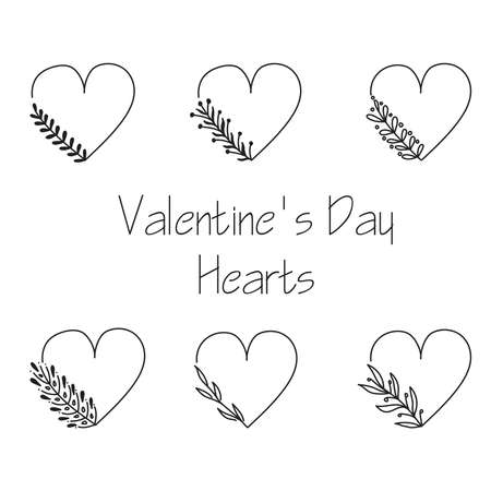 Set of six hand drawn minimalistic valentine's day hearts with flovers and leaves. Simple design elementsのイラスト素材