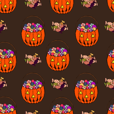 Cute colorful Halloween seamless pattern with candies bagのイラスト素材