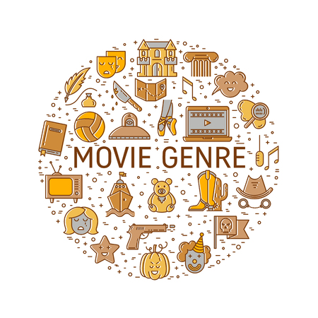 Vector set of movie genres line icons made in circle isolated on white background. Different film genre elements perfect for infographic or mobile appのイラスト素材