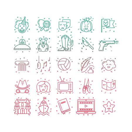 Vector set of movie genres line icons isolated on white background. Different film genre elements perfect for infographic or mobile appのイラスト素材