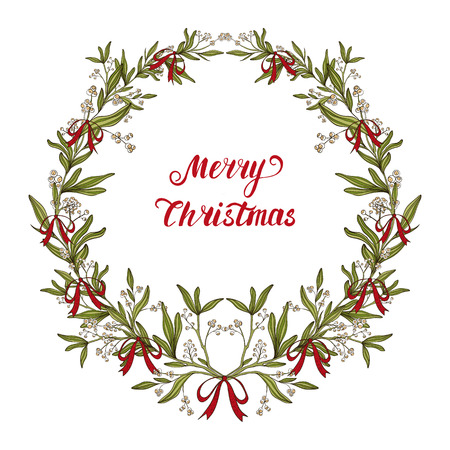 Christmas wreath made of mistletoe and red ribbons on white background, winter door decoration. Greeting card template, wreath and place for your text. Vector Illustrationのイラスト素材