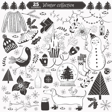 Vector winter collection on white background. 25 doodles elements for greeting cards, postcards, banners, wallpapers. Design set for winter holidays decoration. Winter template.のイラスト素材