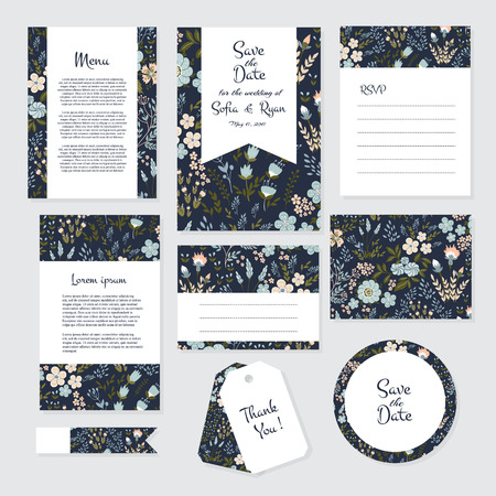 Vector gentle wedding cards template with flower design. Wedding invitation or save the date, RSVP, menu and thank you card for bridal design. Vector set of  postcard with floral decoration.のイラスト素材