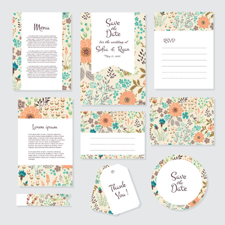 Vector gentle wedding cards template with flower design. Wedding invitation or save the date, RSVP, menu and thank you card for bridal design. Vector set of  postcard with floral decoration.のイラスト素材