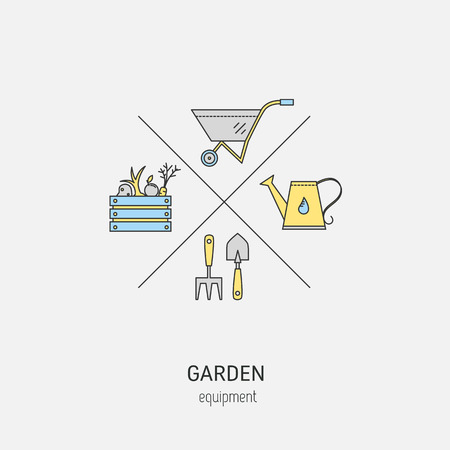 Garden equipment flat line concept. Vector logo  made in minimalist modern style.  Tools and materials for working in garden.のイラスト素材