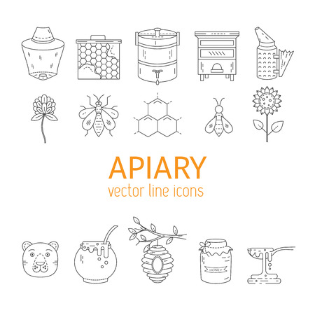 Apiary set  vector line icons. Apiary vector symbols. Bee, honey, bee house, honeycomb, flowers, beehive and wax . Honey natural healthy food production.のイラスト素材
