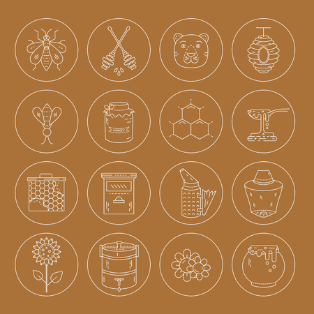 Apiary set  vector line icons. Apiary vector symbols. Bee, honey, bee house, honeycomb, flowers, beehive and wax . Honey natural healthy food production.のイラスト素材
