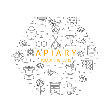 Vector apiary line icons. Apiary vector symbols. Bee, honey, bee house, honeycomb, dipper, behive, flowers wax Honey natural healthy food productionのイラスト素材