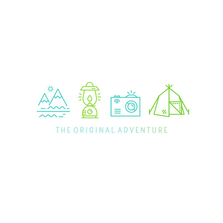 Original sport adventure concept. Line style logotype template with mountains, tent, photo, lamp. Isolated on white background and easy to use. Perfect logo for your business. Vector symbols.のイラスト素材