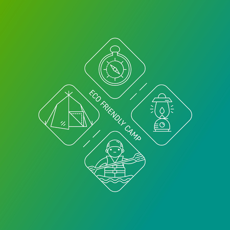 Original eco camp concept. Line style logotype template with lamp, tent, compass, man in boat. Isolated on white background and easy to use. Perfect logo for your business. Vector symbols.のイラスト素材