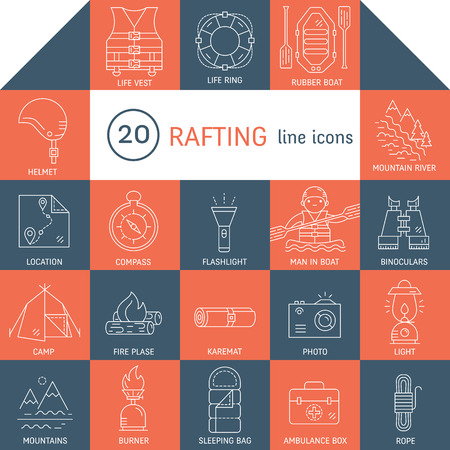 Vector icons and logo design elements in trendy linear style - rafting and camping equipment. Stylish elements for web, mobile applications, banners, flyers, posters, brochures. Vector illustrationのイラスト素材
