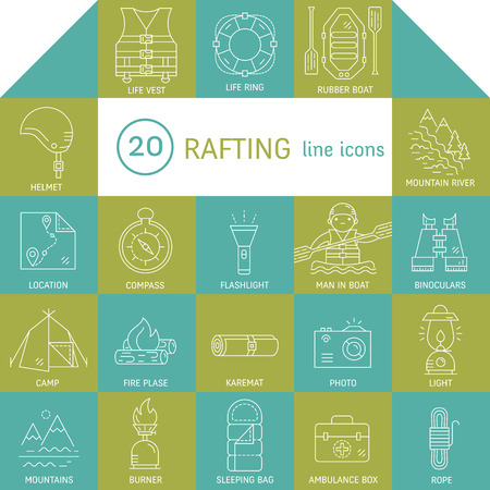 Vector icons and logo design elements in trendy linear style - rafting and camping equipment. Stylish elements for web, mobile applications, banners, flyers, posters, brochures. Vector illustrationのイラスト素材