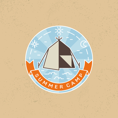 Vector camping  logo emblem. Summer camp badge and outdoor activity logo, emblem, label. Illustration made in flat  line style.のイラスト素材