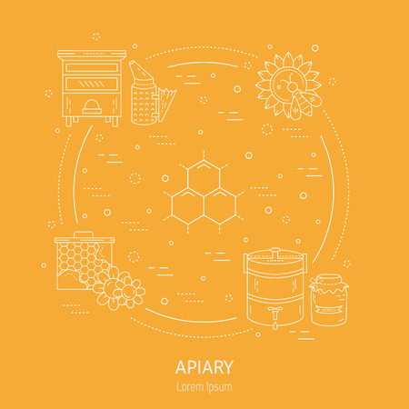 Vector line illustration of a honey and other apiary related items isolated on yellow background.のイラスト素材