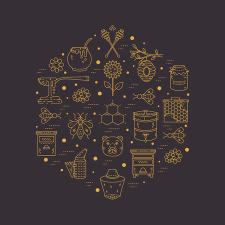 Vector apiary line icons. Apiary vector symbols. Bee, honey, bee house, honeycomb, dipper, behive, flowers wax Honey natural healthy food productionのイラスト素材