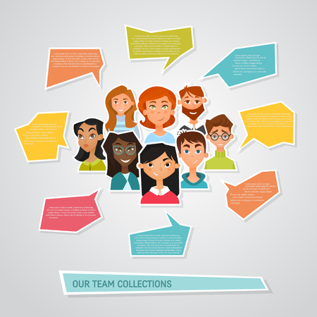 Vector flat design of different characters including man and women. Colorful office team collection. Character icon with speech bubbles. People avatarのイラスト素材