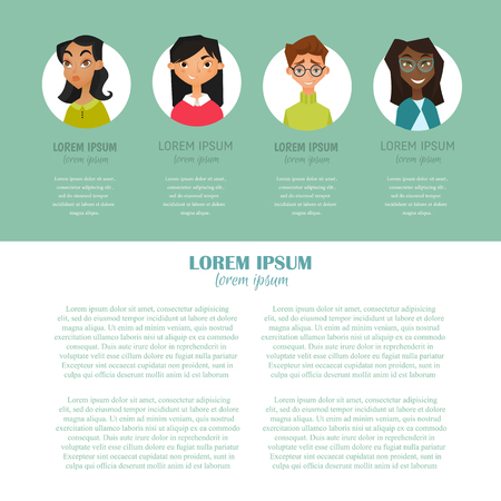 Vector flat design of different characters with man and women. Colorful web page with people and place for your text. Flat character  icon. People avatarsのイラスト素材