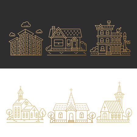 Vector design elements for city illustration in gold. Collection of linear icons with buildings, house, hotel and churches in trendy line style isolated on black and white background. のイラスト素材