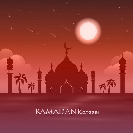 Vector Illustration Ramadan Kareem. Greeting card with mosque, big moon, stars, palm trees, night desert. Ramadan Kareem background.のイラスト素材