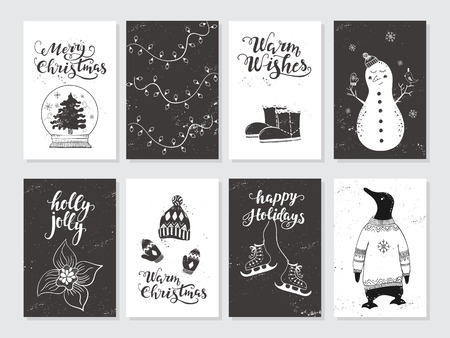 Merry Christmas black and white greeting cards and invitations  isolated on background. Set with cute snowman, bird and garland hand drawn designs. Vector elements for Xmas design.のイラスト素材